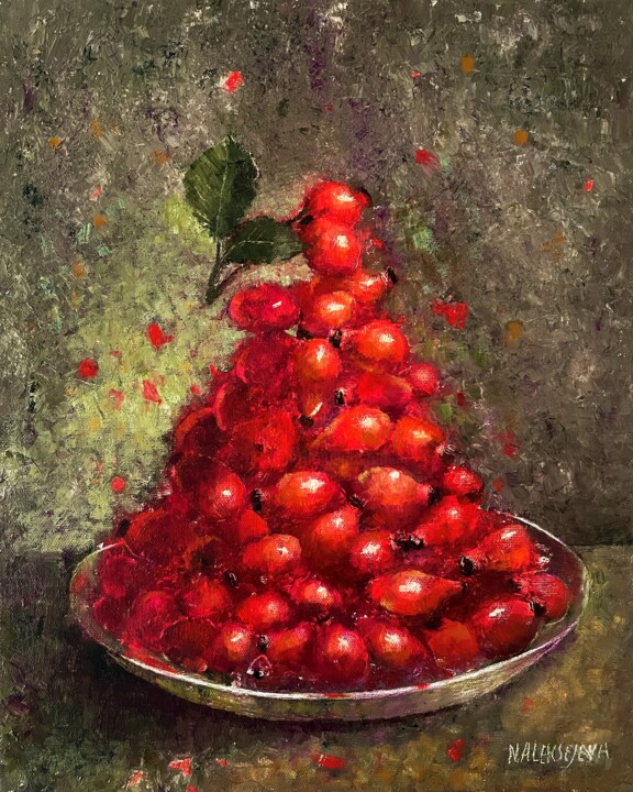 Painting titled "Rose Hip" by Natalie Aleksejeva (NatalieVerve), Original Artwork, Oil Mounted on Wood Stretcher frame