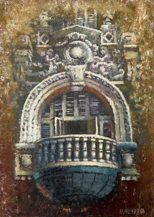 「''The Balcony''」というタイトルの絵画 Natalie Aleksejeva (NatalieVerve)によって, オリジナルのアートワーク, オイル ウッドストレッチャーフレームにマウント