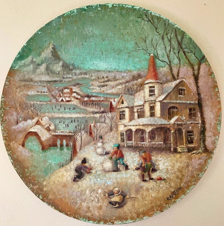 Painting titled "Winter fun" by Natalie Aleksejeva (NatalieVerve), Original Artwork, Oil Mounted on Wood Stretcher frame