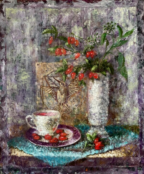 Painting titled "Still life with ros…" by Natalie Aleksejeva (NatalieVerve), Original Artwork, Oil