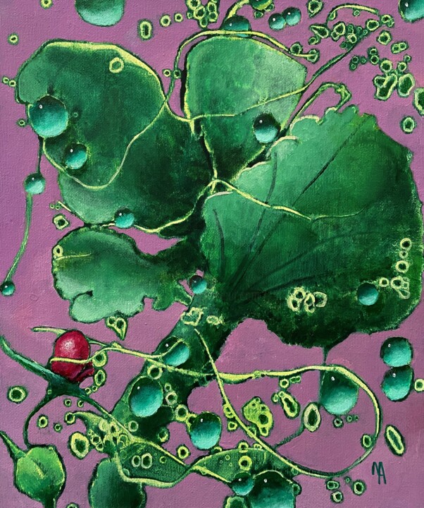 Pintura intitulada "Green drops and red…" por Natalie Aleksejeva (NatalieVerve), Obras de arte originais, Acrílico