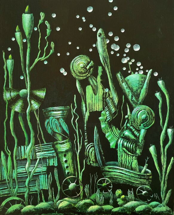 Painting titled "Midnight machine" by Natalie Aleksejeva (NatalieVerve), Original Artwork, Acrylic