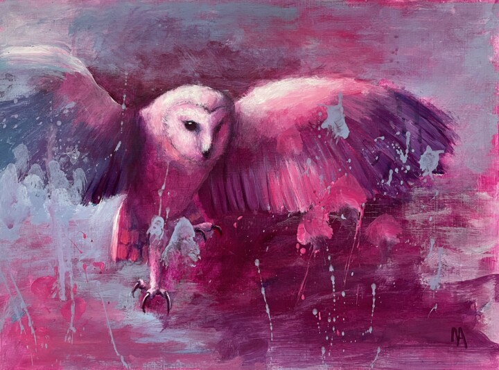 Malerei mit dem Titel "Owl flight" von Natalie Aleksejeva (NatalieVerve), Original-Kunstwerk, Acryl