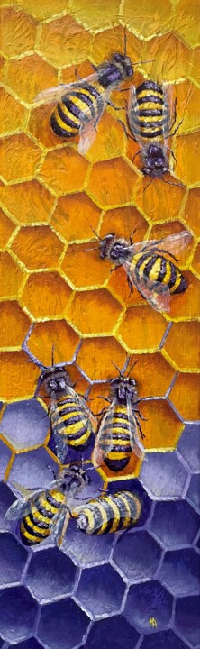 Painting titled "Honeycomb 2" by Natalie Aleksejeva (NatalieVerve), Original Artwork, Oil Mounted on Wood Stretcher frame