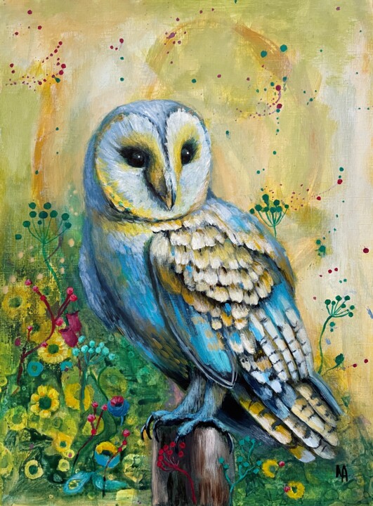 Painting titled "Owl" by Natalie Aleksejeva (NatalieVerve), Original Artwork, Acrylic