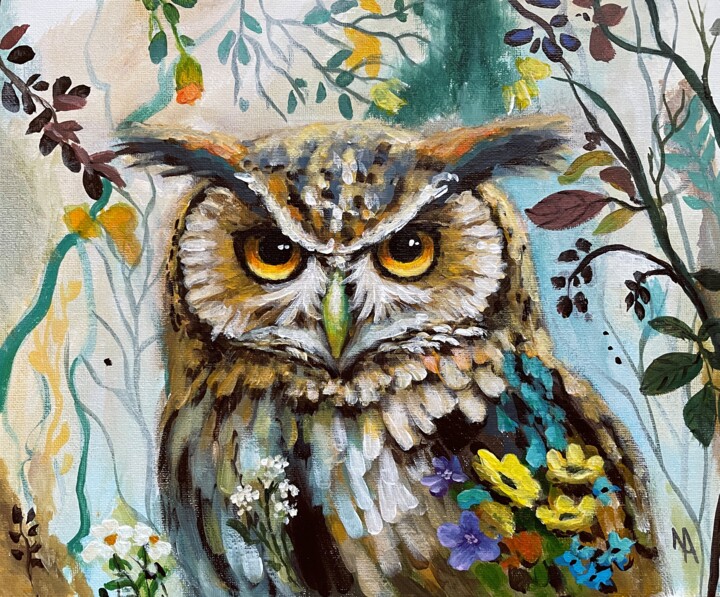 Painting titled "Flower Owl 7" by Natalie Aleksejeva (NatalieVerve), Original Artwork, Acrylic
