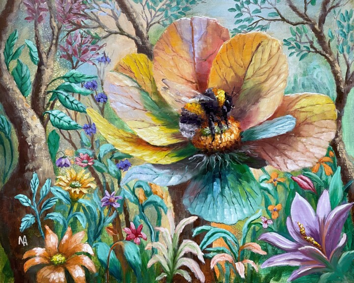 Painting titled "Bumblebee in the Dr…" by Natalie Aleksejeva (NatalieVerve), Original Artwork, Oil