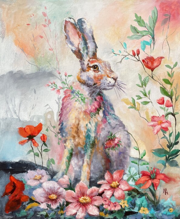 Painting titled "Flower Hare 2" by Natalie Aleksejeva (NatalieVerve), Original Artwork, Oil Mounted on Wood Stretcher frame