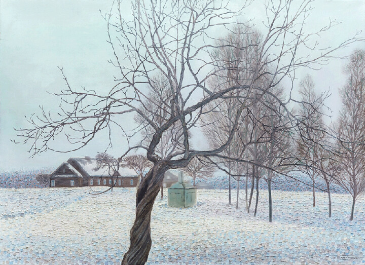 Painting titled "Winter in Dusetos" by Natalie Levkovska, Original Artwork, Oil Mounted on Wood Stretcher frame