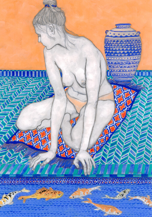 Dessin intitulée "Golden fish and wom…" par Natalie Levkovska, Œuvre d'art originale, Gouache