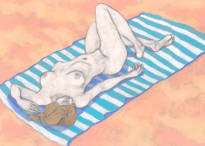 Dessin intitulée "Sunbathing" par Natalie Levkovska, Œuvre d'art originale, Gouache