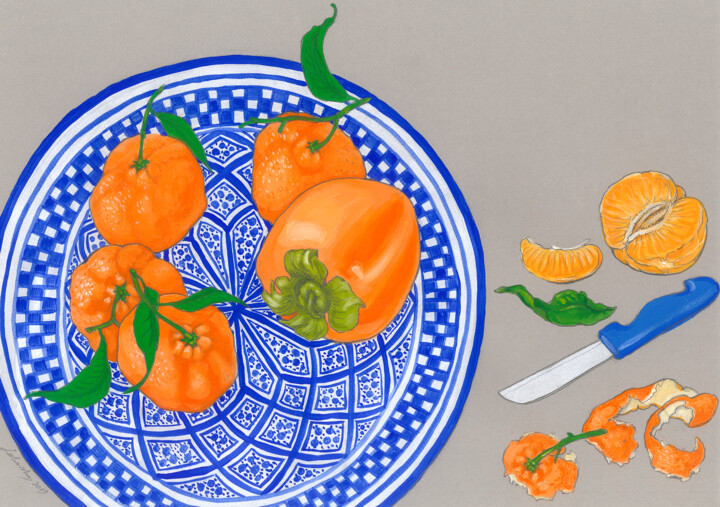 Dibujo titulada "Clementines on a Mo…" por Natalie Levkovska, Obra de arte original, Gouache