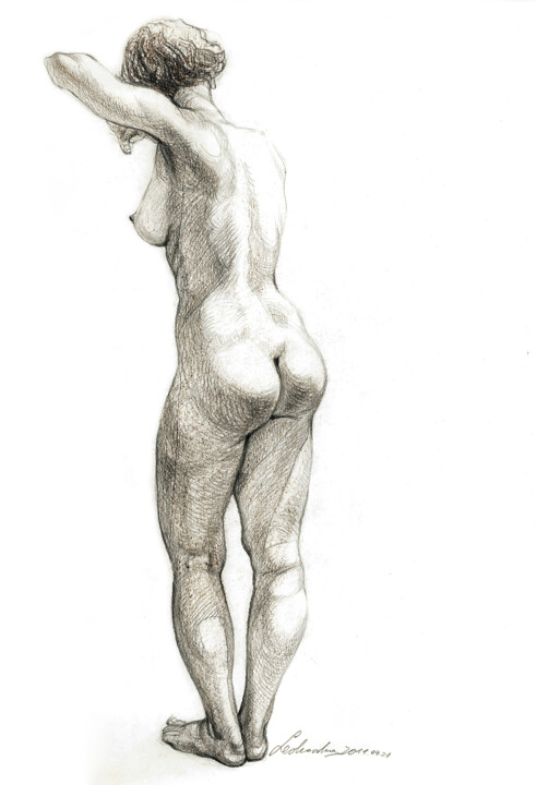 Drawing titled "Model from back" by Natalie Levkovska, Original Artwork, Pencil