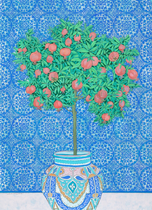 Disegno intitolato "Pomegranate tree" da Natalie Levkovska, Opera d'arte originale, Gouache