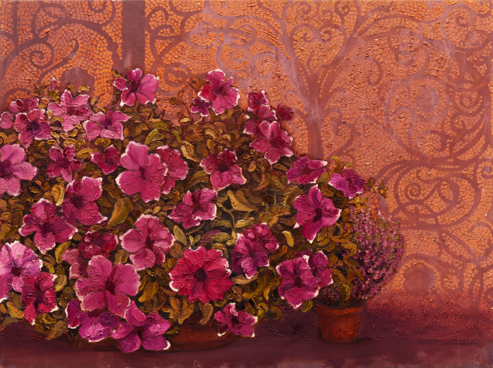Картина под названием "Petunias on terrace" - Natalie Levkovska, Подлинное произведение искусства, Масло