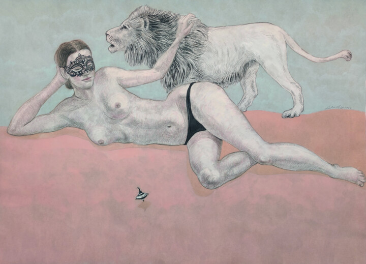 「Virgin and Lion」というタイトルの描画 Natalie Levkovskaによって, オリジナルのアートワーク, グワッシュ水彩画