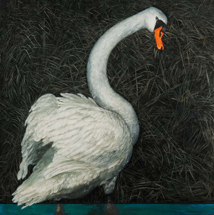 Painting titled "Swan at Nightfall" by Natalie Levkovska, Original Artwork, Oil