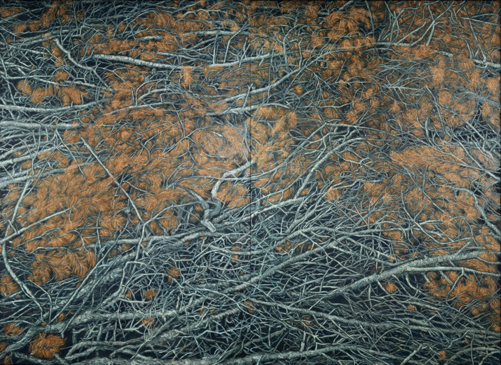 Картина под названием "Silver Pines at Ind…" - Natalie Levkovska, Подлинное произведение искусства, Масло Установлен на Дере…