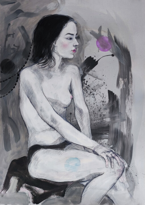 Rysunek zatytułowany „Carina in Gray” autorstwa Natalie Levkovska, Oryginalna praca, Tempera