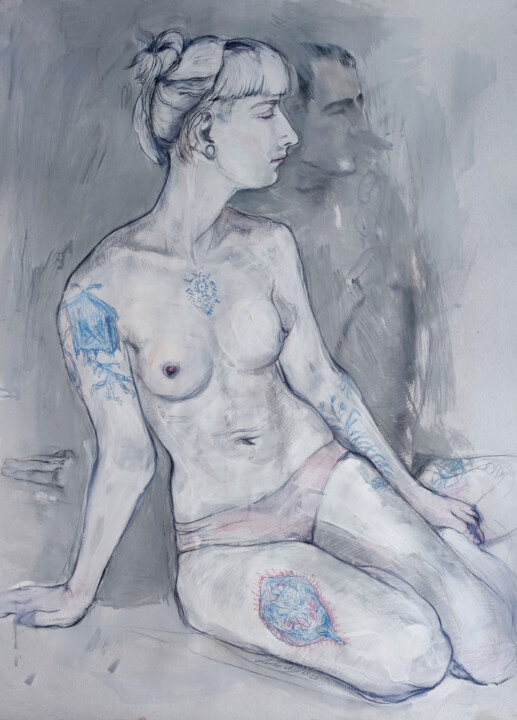 Zeichnungen mit dem Titel "Veja, trace of blue" von Natalie Levkovska, Original-Kunstwerk, Tempera