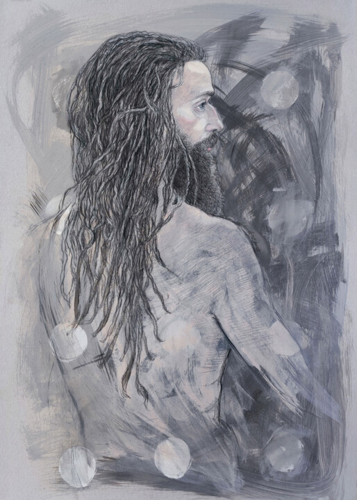 Dessin intitulée "Man with dreadlocks" par Natalie Levkovska, Œuvre d'art originale, Tempera