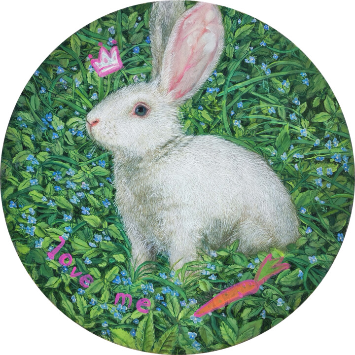 Painting titled "Love me, Bunny" by Natalie Levkovska, Original Artwork, Oil Mounted on Wood Stretcher frame