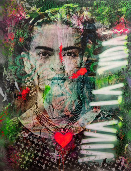 Collages getiteld "Frida Kahlo y que v…" door Natalie Otalora, Origineel Kunstwerk, Acryl Gemonteerd op Frame voor houten br…