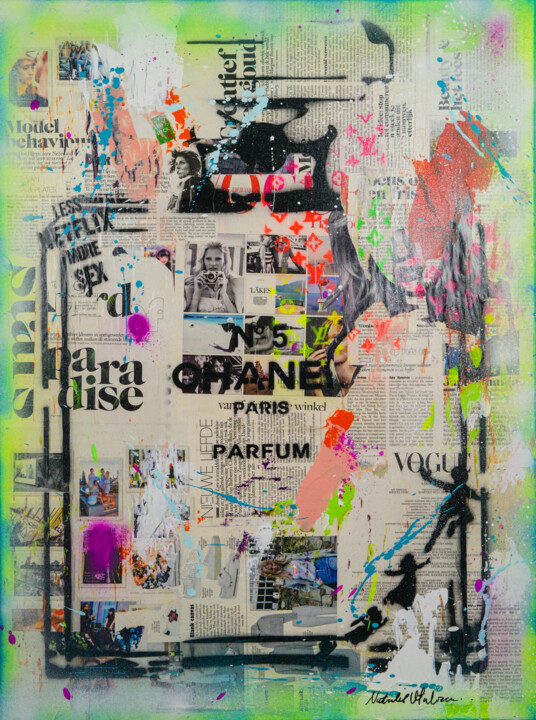Collages getiteld "Chanel Parfume Fash…" door Natalie Otalora, Origineel Kunstwerk, Acryl Gemonteerd op Frame voor houten br…
