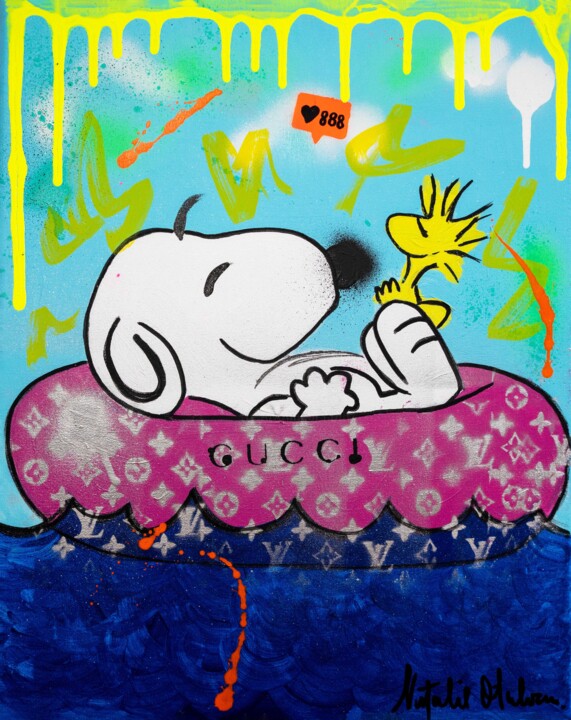 Painting titled "Snoopy Floating in…" by Natalie Otalora, Original Artwork, Acrylic Mounted on Wood Stretcher frame