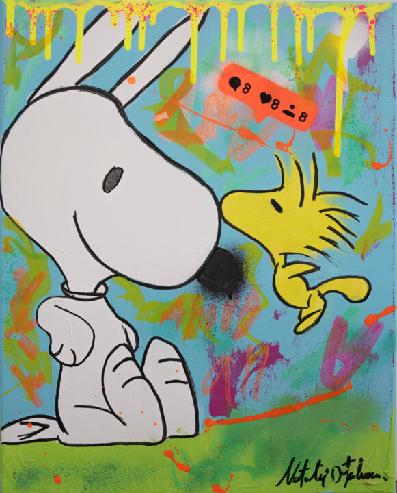 Schilderij getiteld "Snoopy Love above a…" door Natalie Otalora, Origineel Kunstwerk, Acryl Gemonteerd op Frame voor houten…