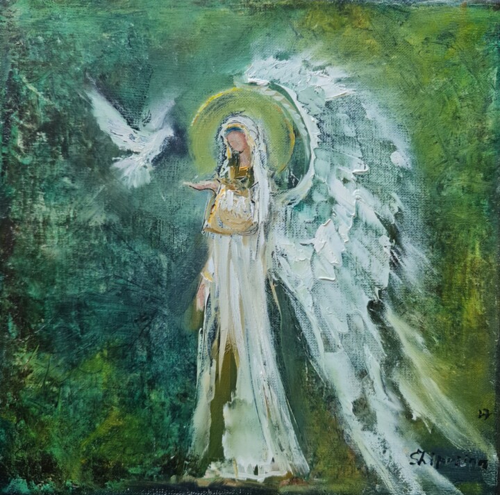 Painting titled "Ангел" by Natalie Shiporina, Original Artwork, Oil Mounted on Wood Stretcher frame