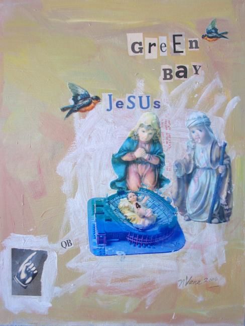 Collages intitulée "Green Bay Jesus" par Natalie Vann, Œuvre d'art originale