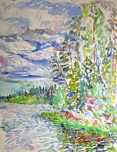 Malerei mit dem Titel "The Lake near Saint…" von Natali German, Original-Kunstwerk, Öl