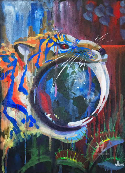 Malerei mit dem Titel "Saber-toothed tiger" von Nataliia Belozerova, Original-Kunstwerk, Acryl