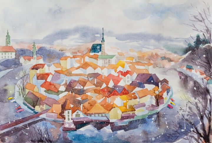 Painting titled "Colorful town" by Nataliia Belozerova, Original Artwork, Watercolor