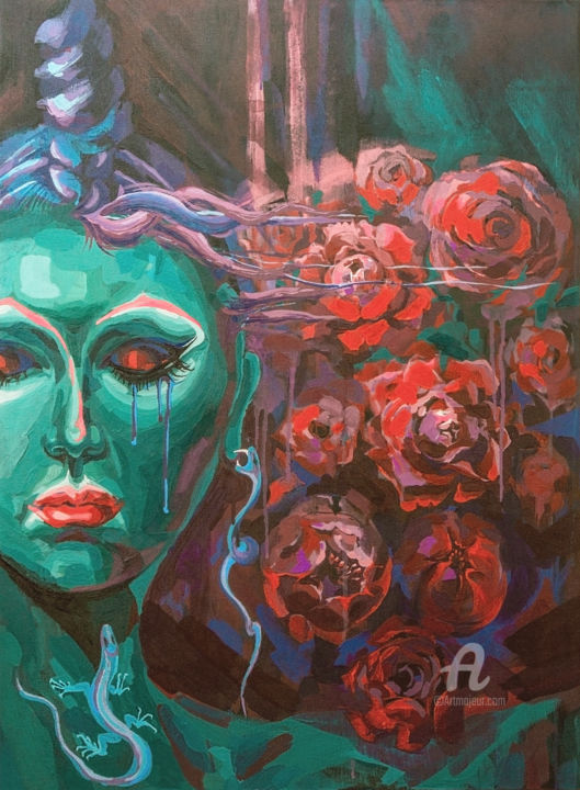 Pintura intitulada "Green woman" por Nataliia Belozerova, Obras de arte originais, Acrílico