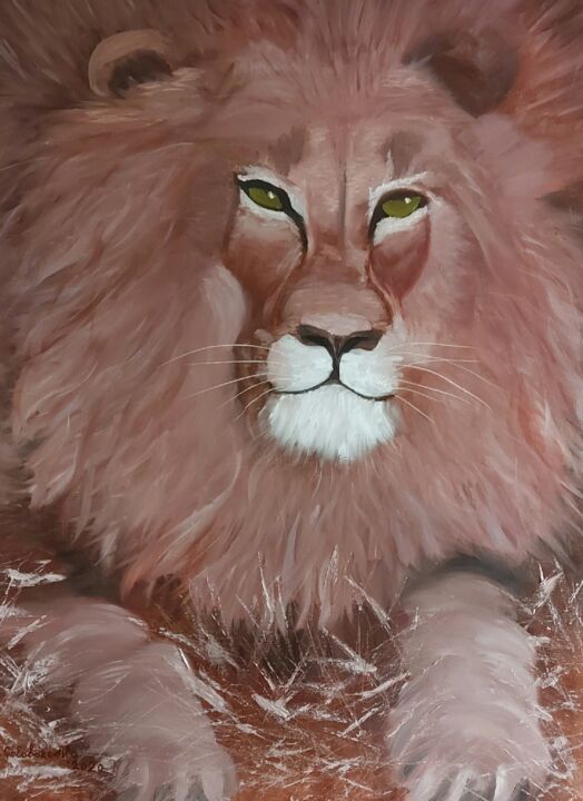 Painting titled "Lion" by Nataliia Goloborodko, Original Artwork, Oil Mounted on Wood Stretcher frame