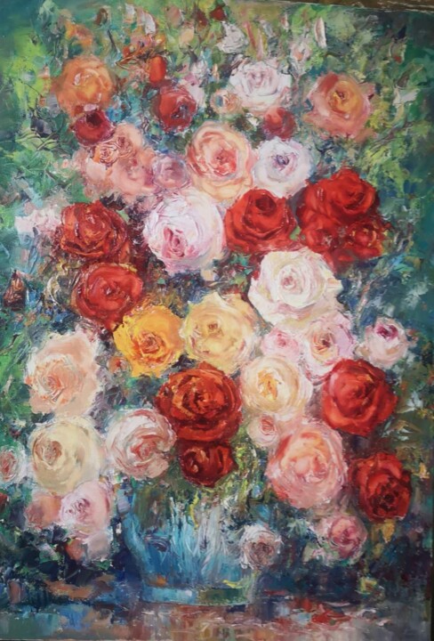 Schilderij getiteld "Roses" door Nataliia Herasymenko, Origineel Kunstwerk, Olie Gemonteerd op Frame voor houten brancard