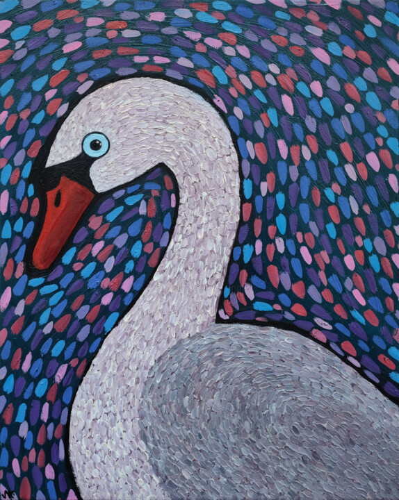 Painting titled "lonely swan" by Nataliia Nikulina, Original Artwork, Oil Mounted on Wood Stretcher frame