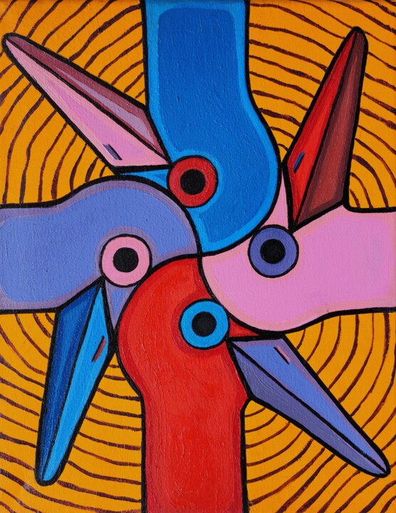 Painting titled "Colorful birds" by Nataliia Nikulina, Original Artwork, Oil Mounted on Wood Stretcher frame