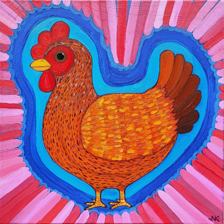 Painting titled "speckled hen" by Nataliia Nikulina, Original Artwork, Oil Mounted on Wood Stretcher frame