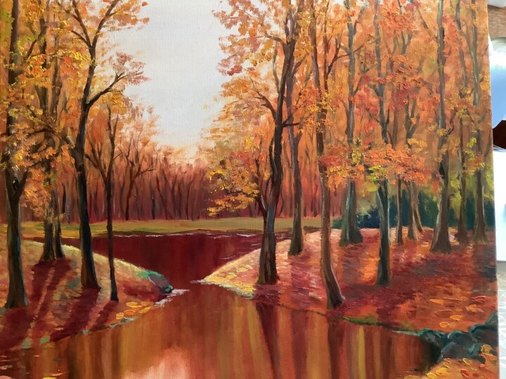 Malerei mit dem Titel "Autumn lake and for…" von Nataliia Polehenko, Original-Kunstwerk, Öl