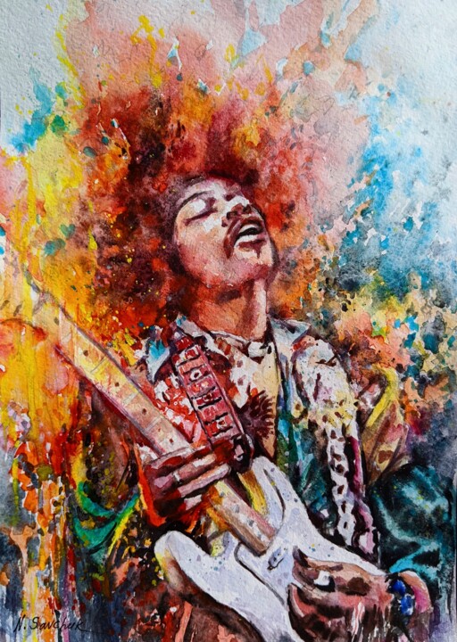 Painting titled "Jimi Hendrix." by Nataliia Savchuk, Original Artwork, Watercolor
