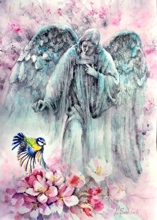 Painting titled "ANGEL OF SPRING 2." by Nataliia Savchuk, Original Artwork, Watercolor