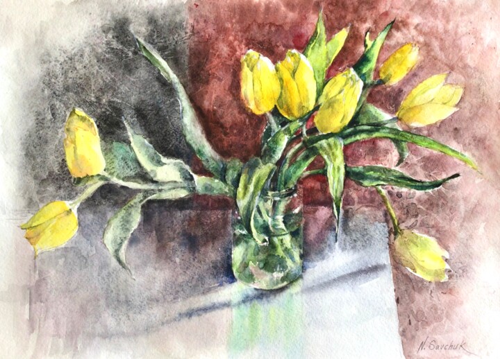 Pittura intitolato "Yellow Tulips." da Nataliia Savchuk, Opera d'arte originale, Acquarello
