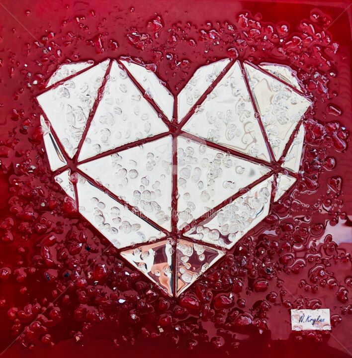 Peinture intitulée "Red Heart - mirror,…" par Nataliia Krykun, Œuvre d'art originale, Acrylique Monté sur Carton
