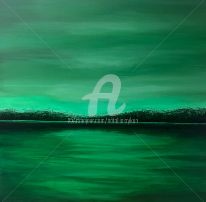 Malarstwo zatytułowany „Green landscape” autorstwa Nataliia Krykun, Oryginalna praca, Akryl Zamontowany na Drewniana rama no…