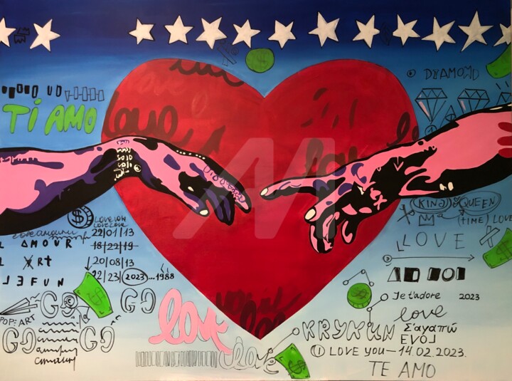 Painting titled "„Creation of Adam“…" by Nataliia Krykun, Original Artwork, Acrylic Mounted on Wood Stretcher frame
