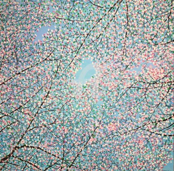 Painting titled "„Cherry blossom” fl…" by Nataliia Krykun, Original Artwork, Acrylic Mounted on Wood Stretcher frame