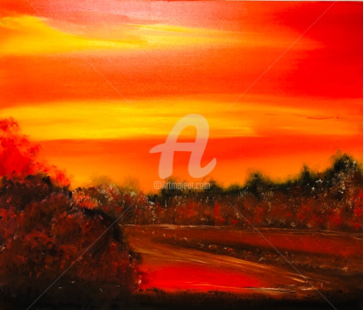 "„Red landscape“ sun…" başlıklı Tablo Nataliia Krykun tarafından, Orijinal sanat, Petrol Ahşap Sedye çerçevesi üzerine monte…